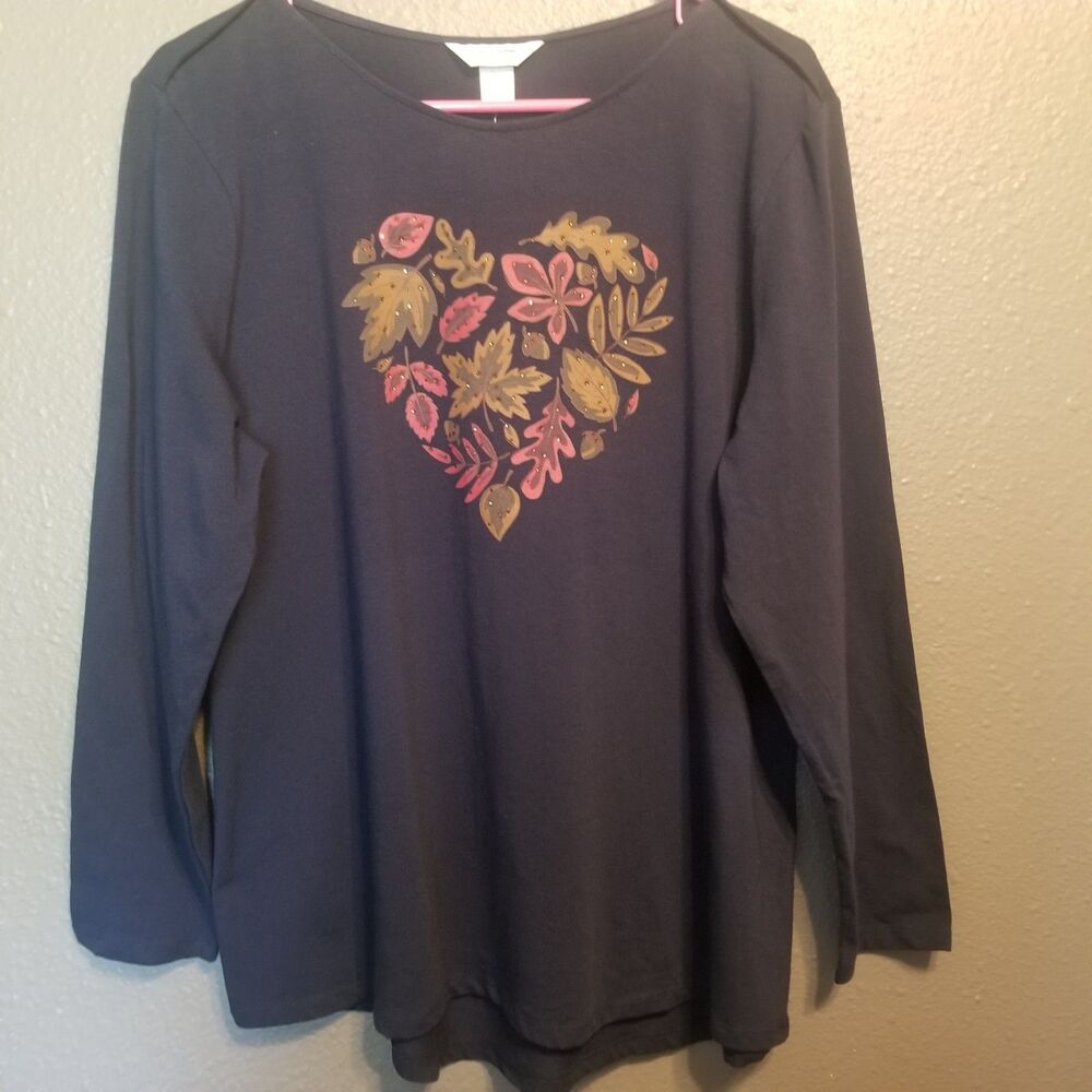 Christopher & Banks PXL Petite Top Navy Jersey Jeweled Autumn Leaves Heart Fall